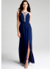 Royal Blue Chiffon Beads Jewel Neckline Keyhole Back Long Prom Dress 